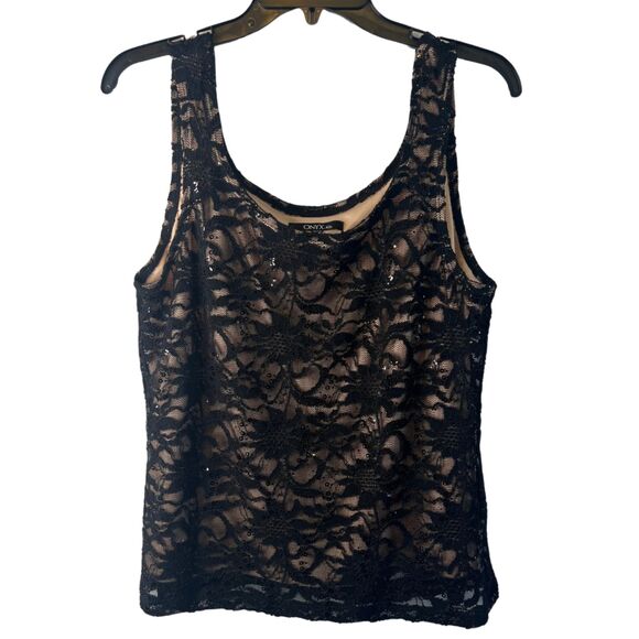 Onyx Nite Tops - Onyx Nite Black Lace & Sequin Dressy Cocktail Evening Tank Top Size Large
